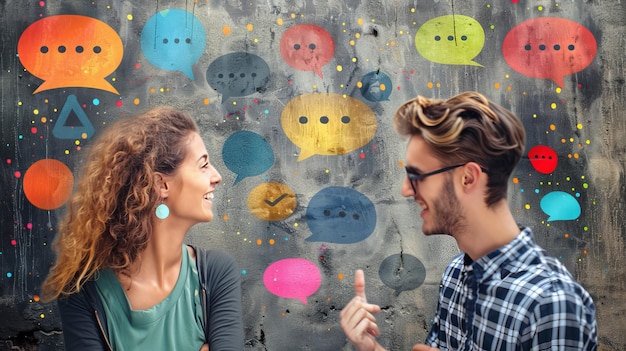 Foto el collage de la revista muestra a dos personas charlando en las redes sociales enviando burbujas de habla
