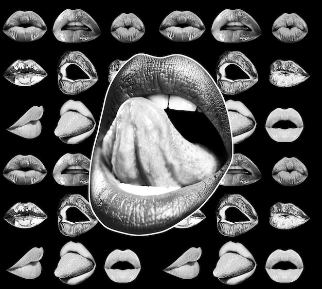 Collage sexy seducción mujer boca pasión lamer y sensual chupar Conjunto de labios seducción tentación pasión deseo Arte abstracto banner Aislado sobre fondo negro