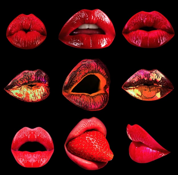Collage sexy seducción mujer boca pasión lamer y sensual chupar Conjunto de labios seducción tentación pasión deseo Arte abstracto diseño banner Aislado sobre fondo negro