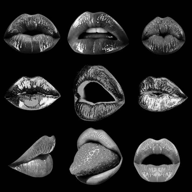 Collage sexy seducción mujer boca pasión lamer y sensual chupar Conjunto de labios seducción tentación pasión deseo Arte abstracto diseño banner Aislado sobre fondo negro