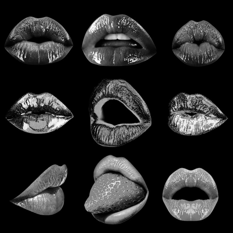 Foto collage sexy seducción mujer boca pasión lamer y sensual chupar conjunto de labios seducción tentación pasión deseo arte abstracto diseño banner aislado sobre fondo negro
