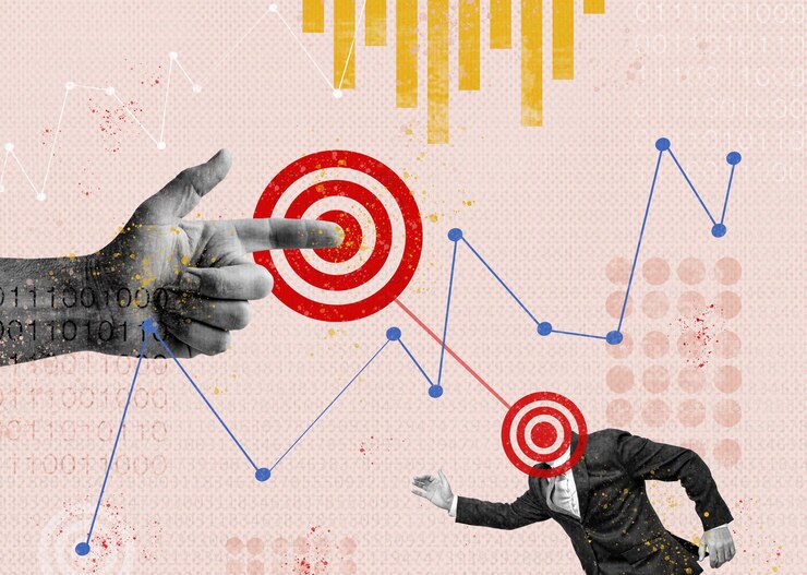 Foto collage sobre objetivos comerciales y su logro de bistró y análisis de datos.