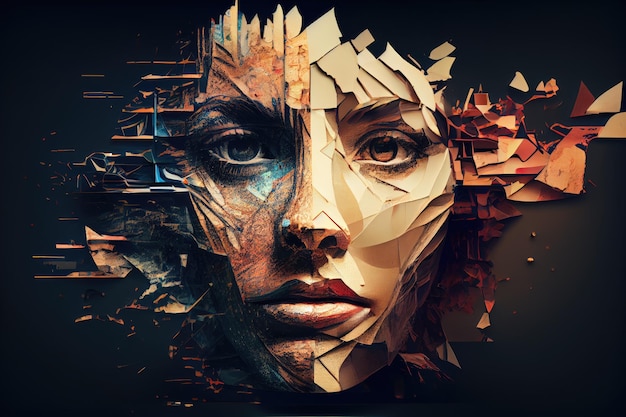 Collage tridimensional de rostros con textura y profundidad.
