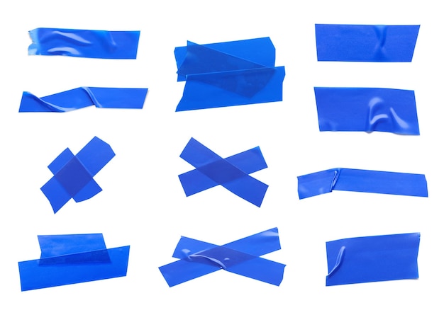 Foto collage con trozos de cinta aislante azul sobre fondo blanco.
