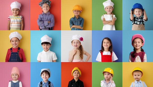 Foto collage verschiedener kinder, die von ihren zukünftigen berufen träumen, auf farbigem hintergrund