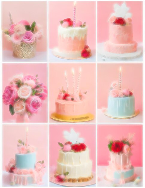 Foto collage von bildern von kuchen und blumensträußen in rosa farbtönen