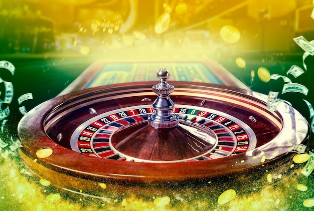 Collage von Casino-Bildern mit einem lebendigen Nahaufnahmebild eines mehrfarbigen Casino-Roulette-Tisches mit Poker...