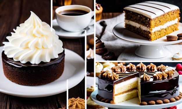 Collage von Fotos von Kuchen und Kaffee Collage von köstlichem Essen