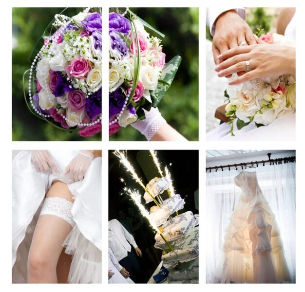 Collage von Hochzeitspaar mit Blumen