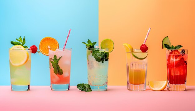 Collage von kalten Sommercocktails auf farbigem Hintergrund