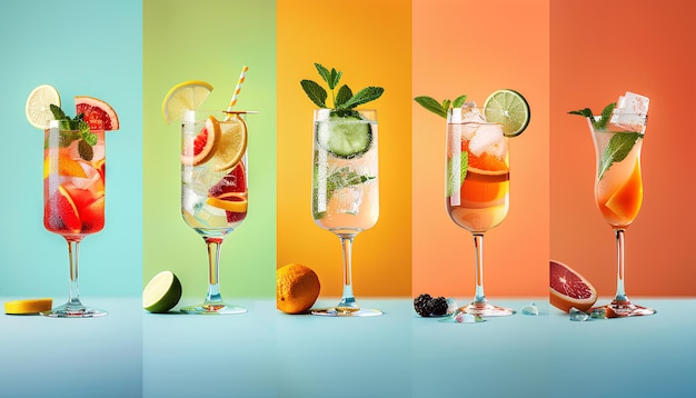 Collage von kalten Sommercocktails auf farbigem Hintergrund