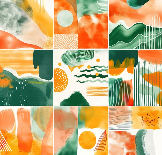 Collage von lebendiger abstrakter Aquarellkunst mit weichen Linien und geometrischen Formen