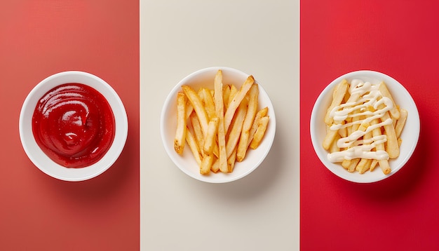 Collage von leckeren Pommes Frites mit Ketchup und Mayonnaise auf farbigem Hintergrund