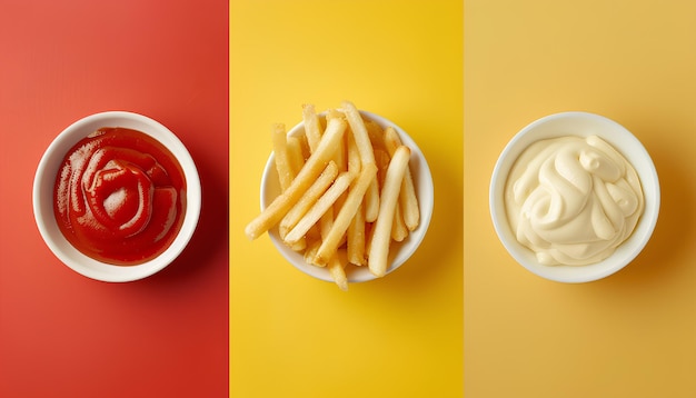 Collage von leckeren Pommes Frites mit Ketchup und Mayonnaise auf farbigem Hintergrund