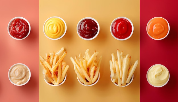 Foto collage von leckeren pommes frites mit ketchup und mayonnaise auf farbigem hintergrund