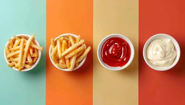 Collage von leckeren Pommes Frites mit Ketchup und Mayonnaise auf farbigem Hintergrund