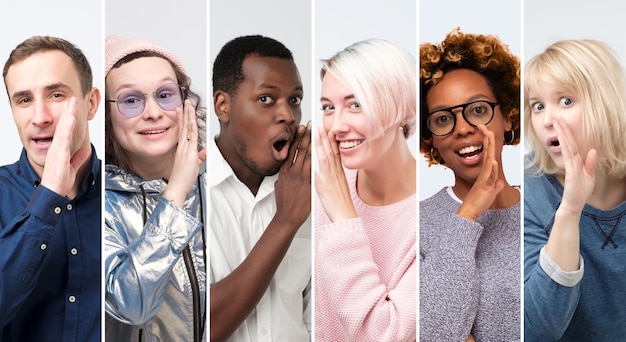 Foto collage von männern und frauen, die den mund mit der hand bedecken, erzählt jemandem geheimnisse studioaufnahme hören sie sich dieses interessante geheimnis an