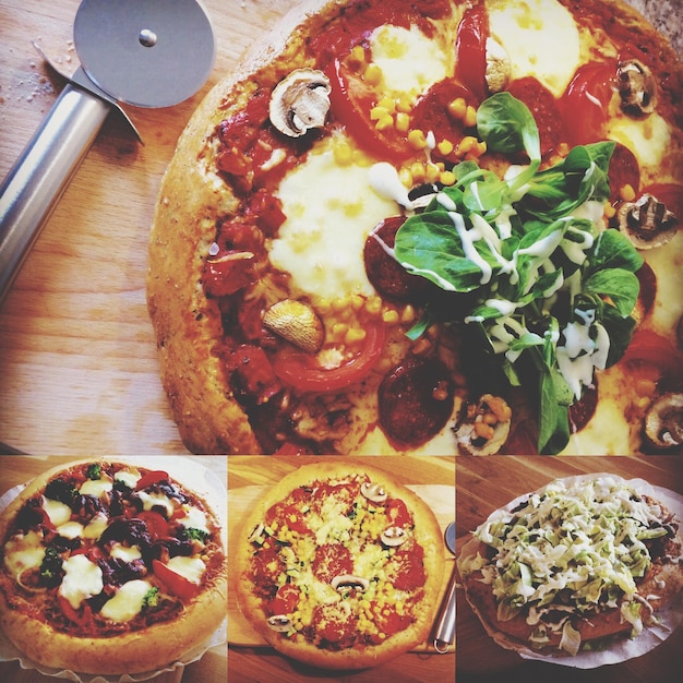 Collage von Pizzas auf dem Tisch