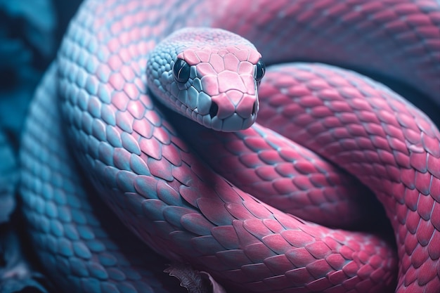 Foto collage-vorlage einer generierten ki-bild giftigen gefährlichen schlange mit blau-rosa farbdetails