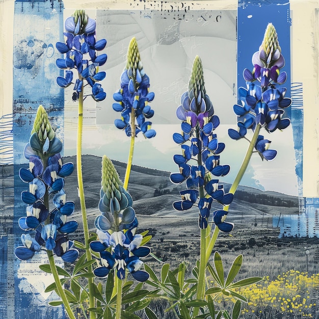 Collage zeitgenössischer Kunst von Texas Bluebonnets und Wildblumen