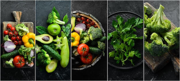 Collages de fotos Verduras frescas sobre fondo negro Banner