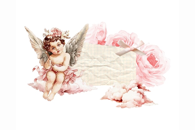 Collaje con un ángel rosas un trozo de papel de arco lugar para el texto plantilla para scrapbooking pegatinas