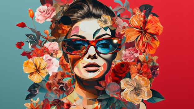 Collaje de arte abstracto de una mujer joven con flores