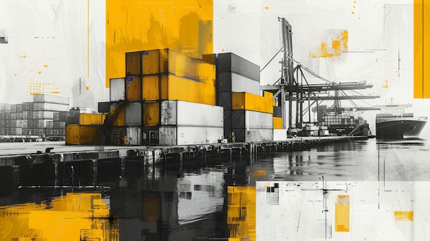 Collaje de arte contemporáneo de un buque de carga de contenedores en el mar