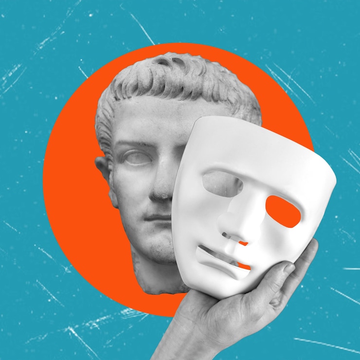 Foto collaje de arte contemporáneo con una cara de piedra con una máscara teatral