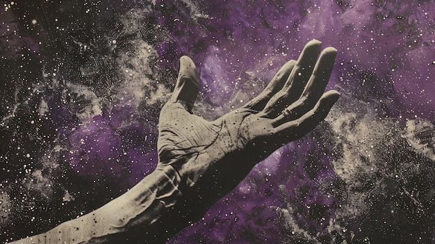 Collaje de arte contemporáneo con la mano alcanzando el cielo estrellado de la noche