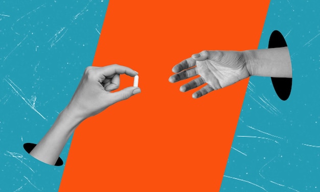 Collaje de arte contemporáneo Mano sosteniendo una píldora pasándola a otra mano Atención médica
