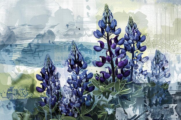 Collaje de arte contemporáneo de Texas Bluebonnets y flores silvestres