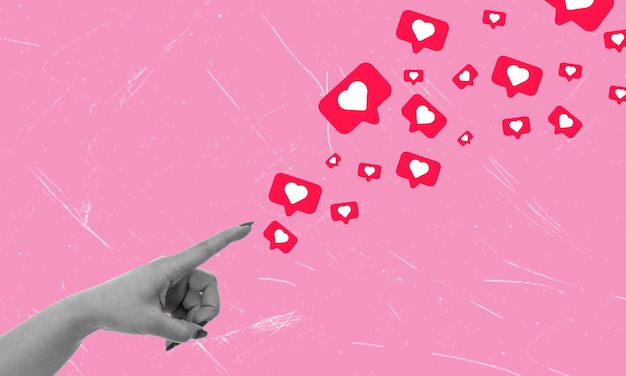 Collaje de arte moderno con mano y corazones voladores en fondo rosa con espacio para copiar