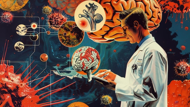 Foto collaje de arte que representa a un médico examinando el cerebro de un paciente