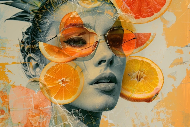 Collaje artístico con retrato de mujer cubierto con vibrantes rebanadas de naranja y texturas de piña