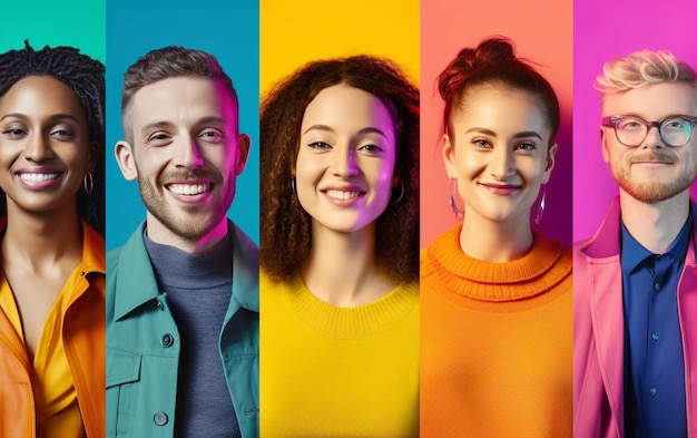 Foto collaje de caras diversas emociones multiculturales en un fondo colorido
