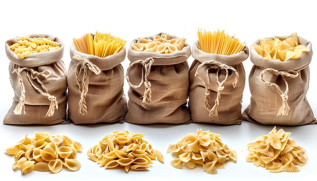 Collaje de diferentes tipos de pasta italiana en bolsas sobre un fondo blanco