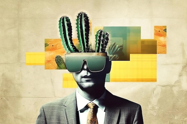 Collaje de estilo posmoderno de arte pop Ilustración de negocios hombre con cactus en la cabeza que representa dolor de cabeza Ritmo del concepto de vida moderna Un retrato minimalista y surrealista