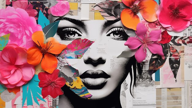 Collaje de fotos de arte moderno con retratos de mujeres hermosas decoradas con flores