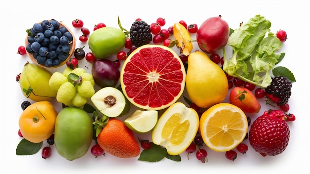 Collaje de frutas aisladas sobre fondo blanco con espacio de copia frutas y bayas frescas y saludables