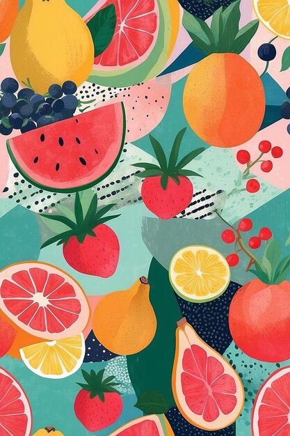 Foto collaje de frutas pastel ilustración abstracta con patrones y texturas