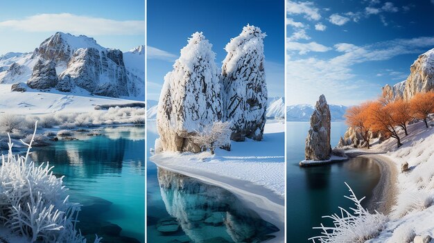 Foto collaje de majestuosas vistas de invierno en la isla de olkhon y el lago baikal