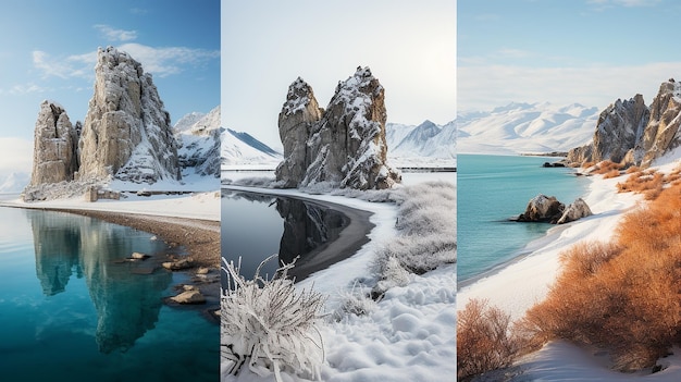 Foto collaje de majestuosas vistas de invierno en la isla de olkhon y el lago baikal