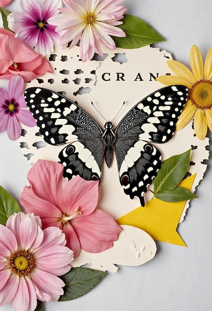 Collaje de mariposas con flores Arte de la naturaleza Belleza de primer plano