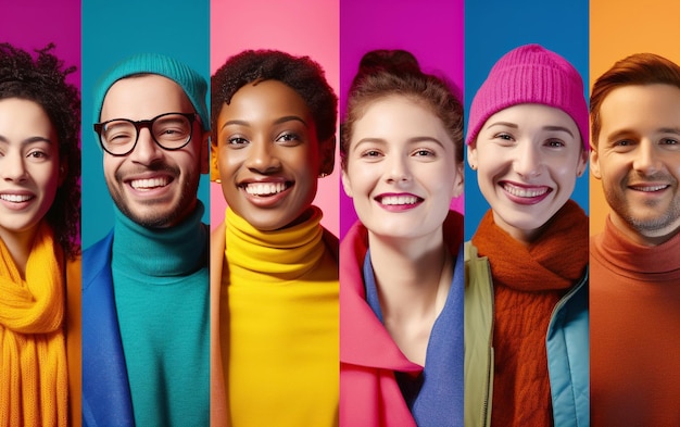 Collaje de medias caras emociones multiculturales en un fondo colorido