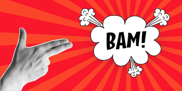 Collaje de medio tono gesto de la mano en forma de una burbuja de habla de arma con inscripciones expresivas bam