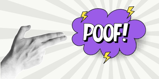 Collaje de medio tono gesto de la mano en forma de una pistola burbuja de habla púrpura con inscripciones poof