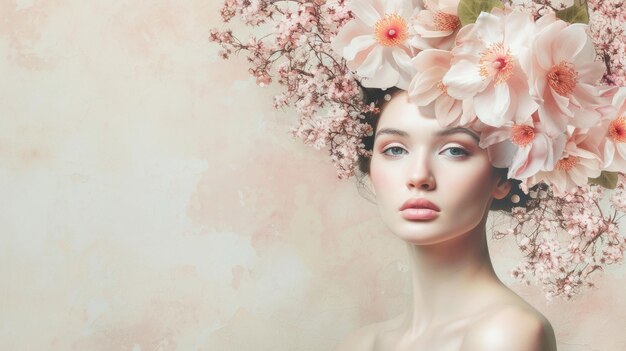 Foto collaje de una modelo con flores de primavera en el cabello joven y fresca