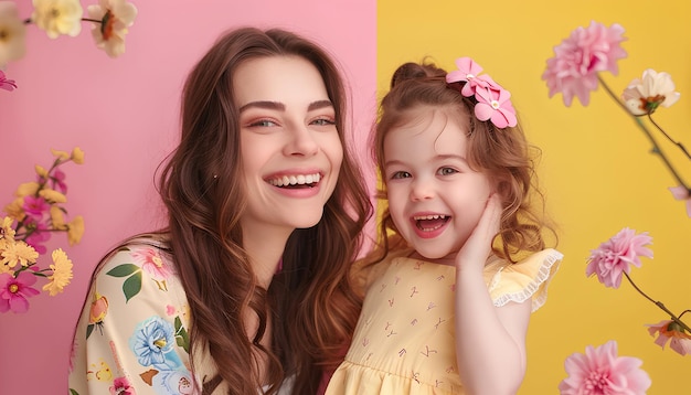 Collaje de mujer feliz y su adorable hija en fondo de color Feliz Día de la Madre