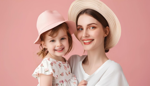 Collaje de mujer feliz y su adorable hija en fondo de color Feliz Día de la Madre